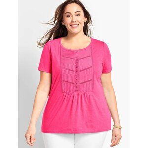 Talbots Blouse Plus Size 1X Woven Front Short Sleeve Top Crochet Lace Pink Chic